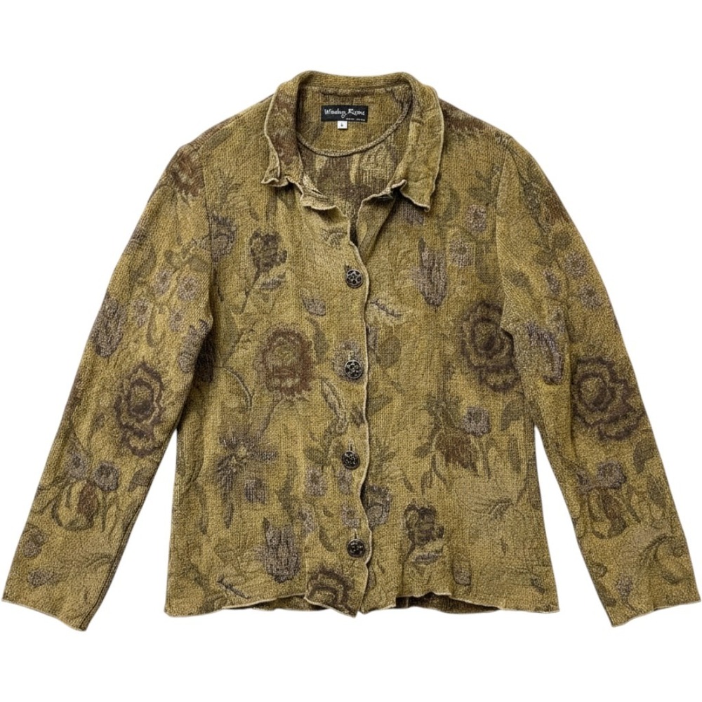 Winding River Tapestry Floral Knit Cardigan Jacket Size L Green Gold Brown